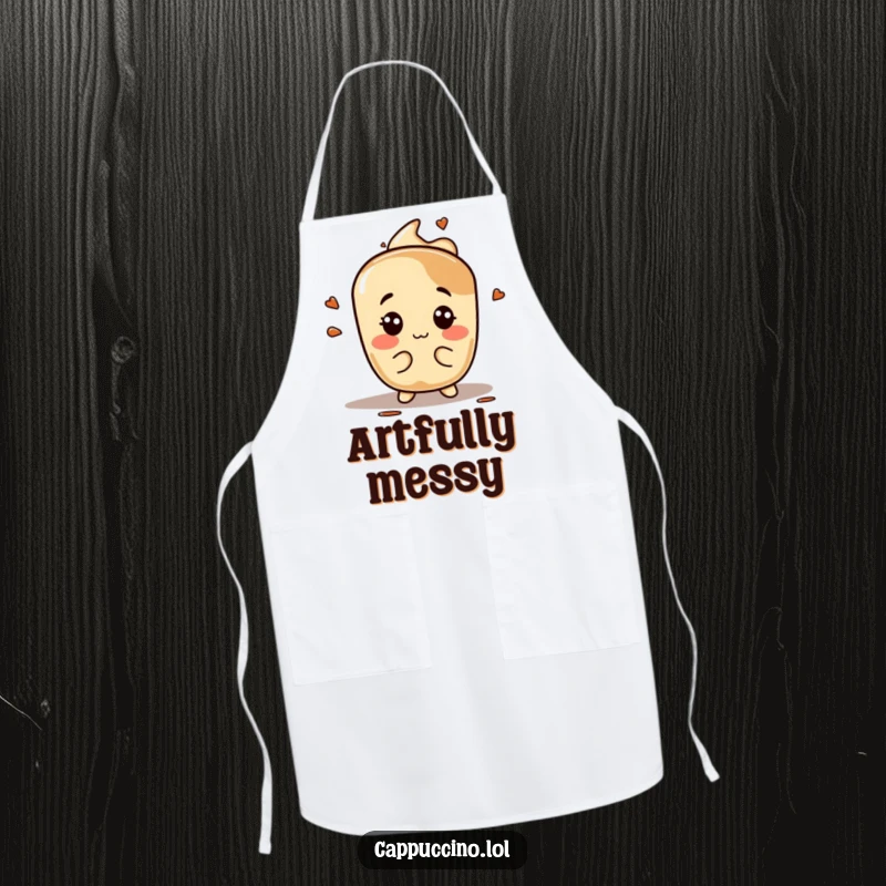 Funny espresso stain apron, playful character making silly faces, kitchen humor, perfect humorous cooking gift.