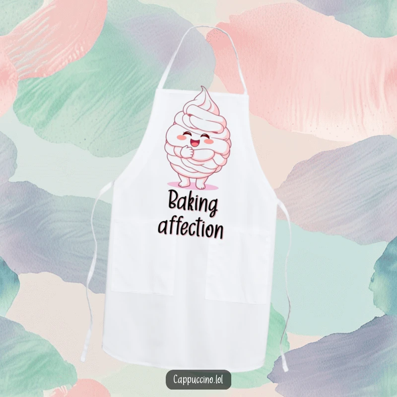 Funny whipped cream apron, excited character giving a giant fluffy hug, kitchen fun, perfect humorous cooking gift.