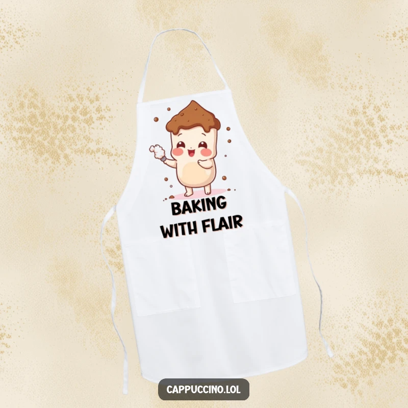 Funny Cheerful Cocoa Apron with a playful cocoa powder character dusting itself, perfect for a cheerful and mess-free kitchen.