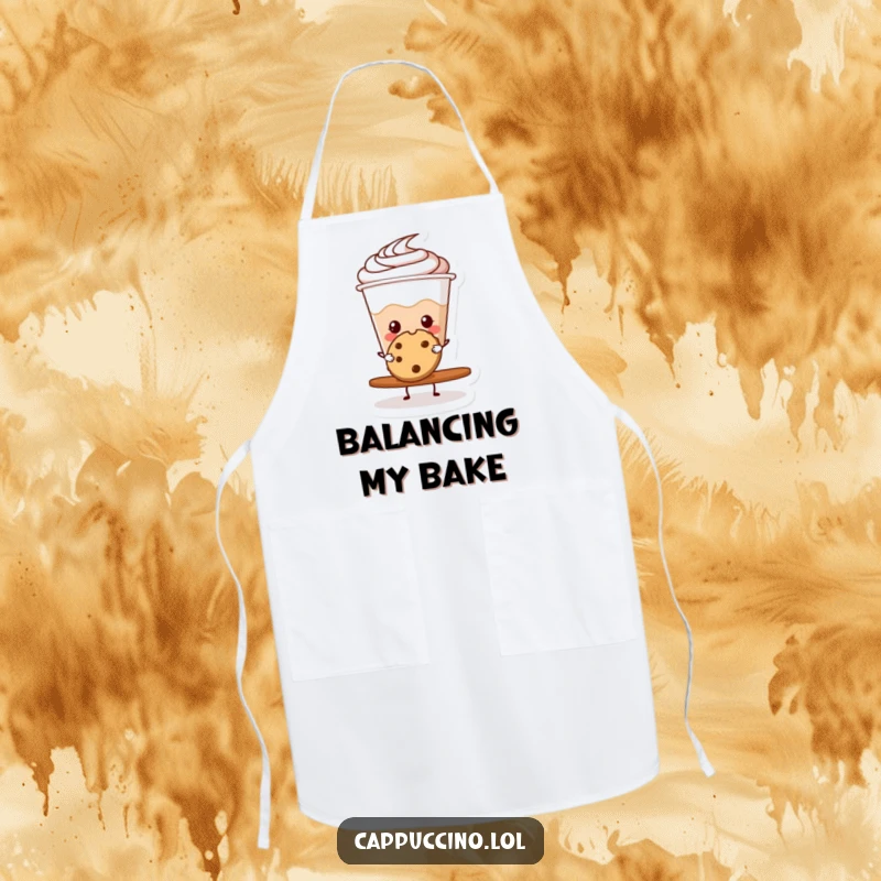 Funny cappuccino cup character balancing a cookie on an apron, ready for kitchen fun.