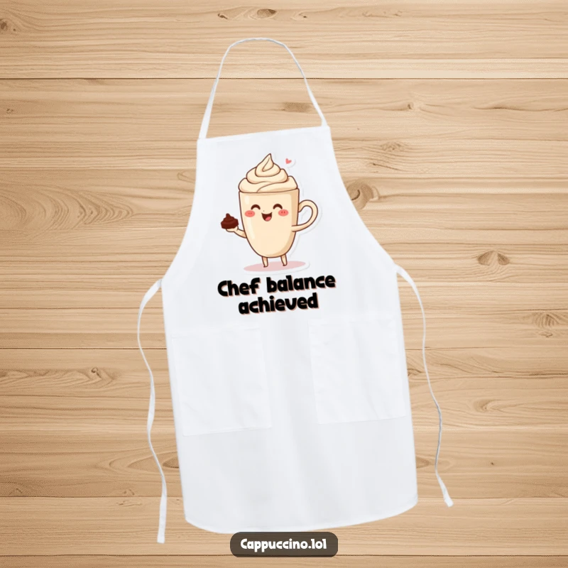 Funny kitchen apron showing a focused cappuccino cup character skillfully balancing a chocolate shaving while cooking.