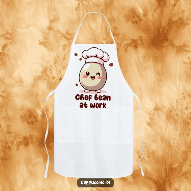 Funny coffee bean character in a chef hat, designed for a humorous and functional apron.