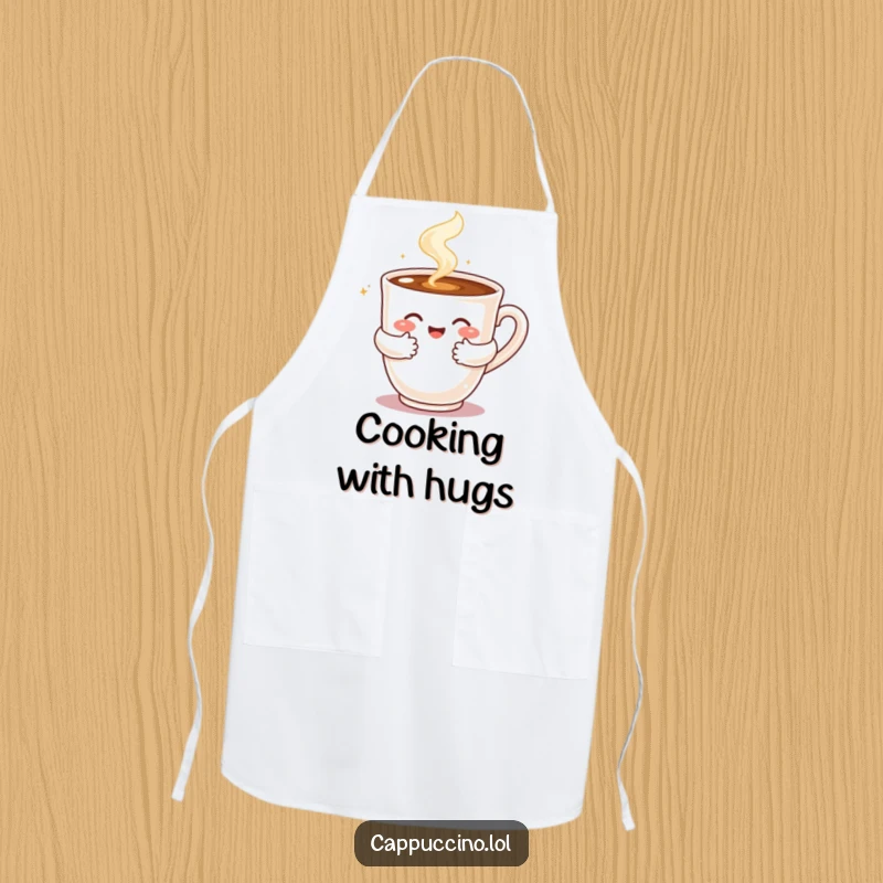 Funny apron featuring a steaming cappuccino cup character giving a warm, bubbly hug, perfect for kitchen warmth.
