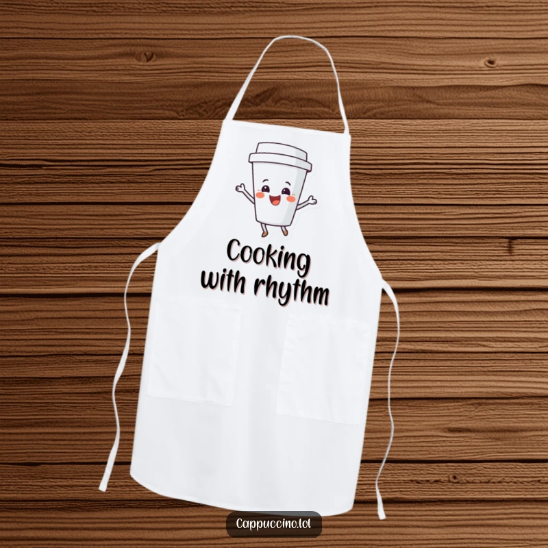 Funny Coffee Cup Shimmy Apron with a delighted character dancing, perfect for a cheerful and mess-free cooking experience.
