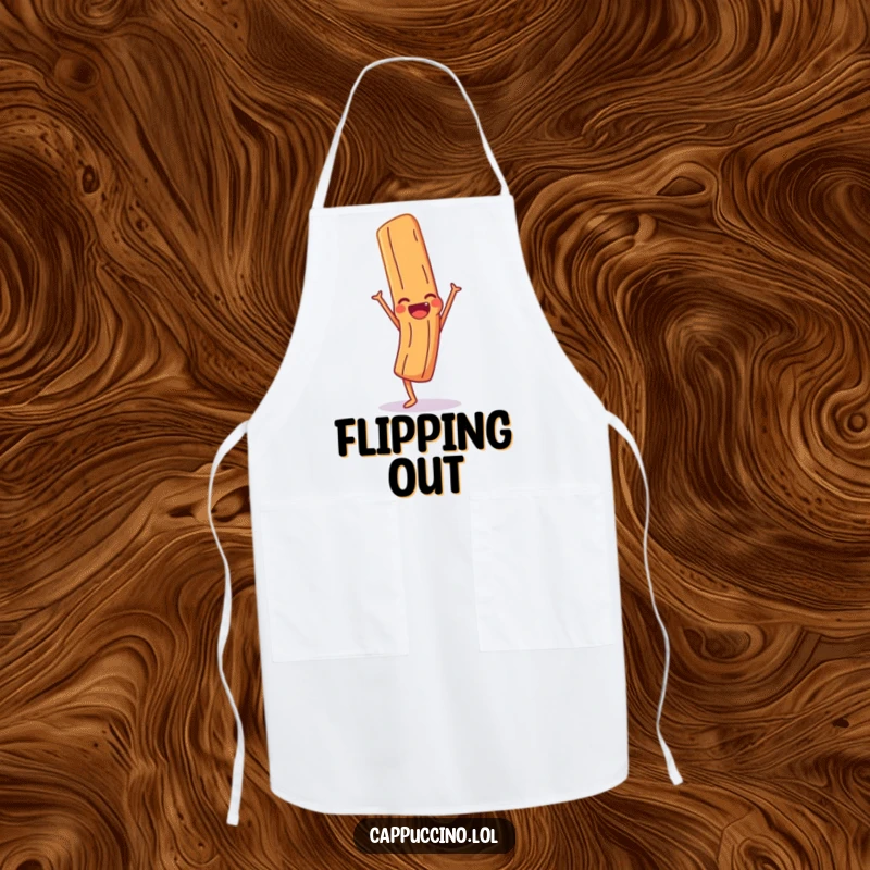 Funny Apron with a giggling cinnamon stick character doing a handstand, adding humor to cooking activities.