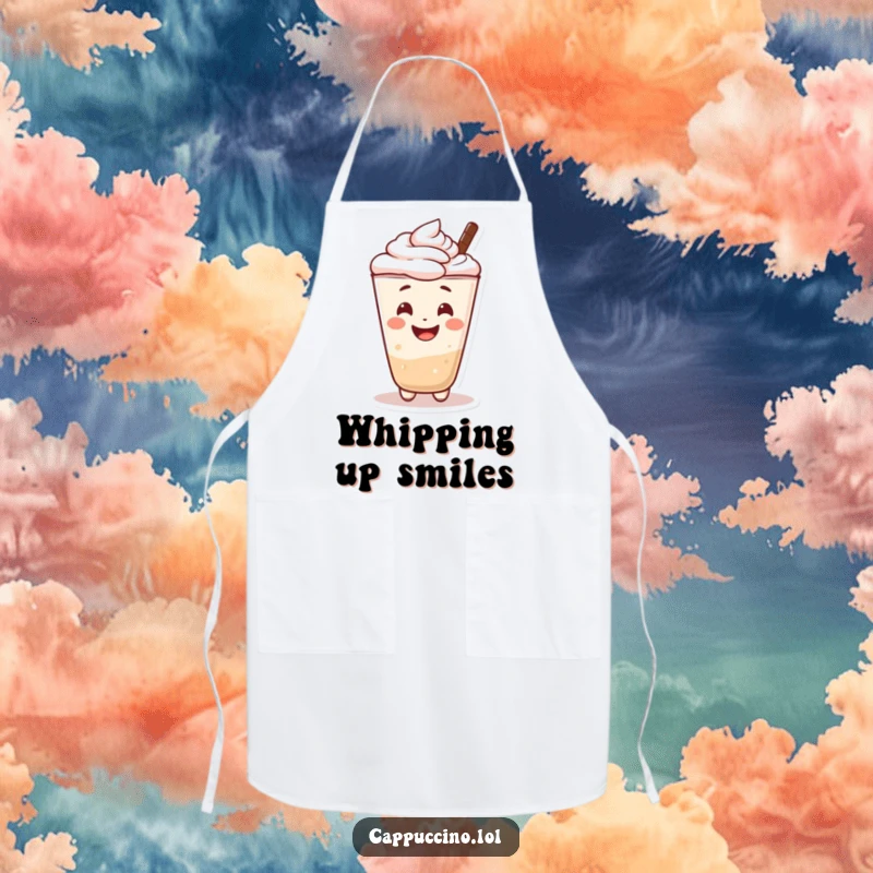 Funny kitchen apron showing a cheerful cappuccino foam character with a happy smile. Keeps clothes clean with joy.