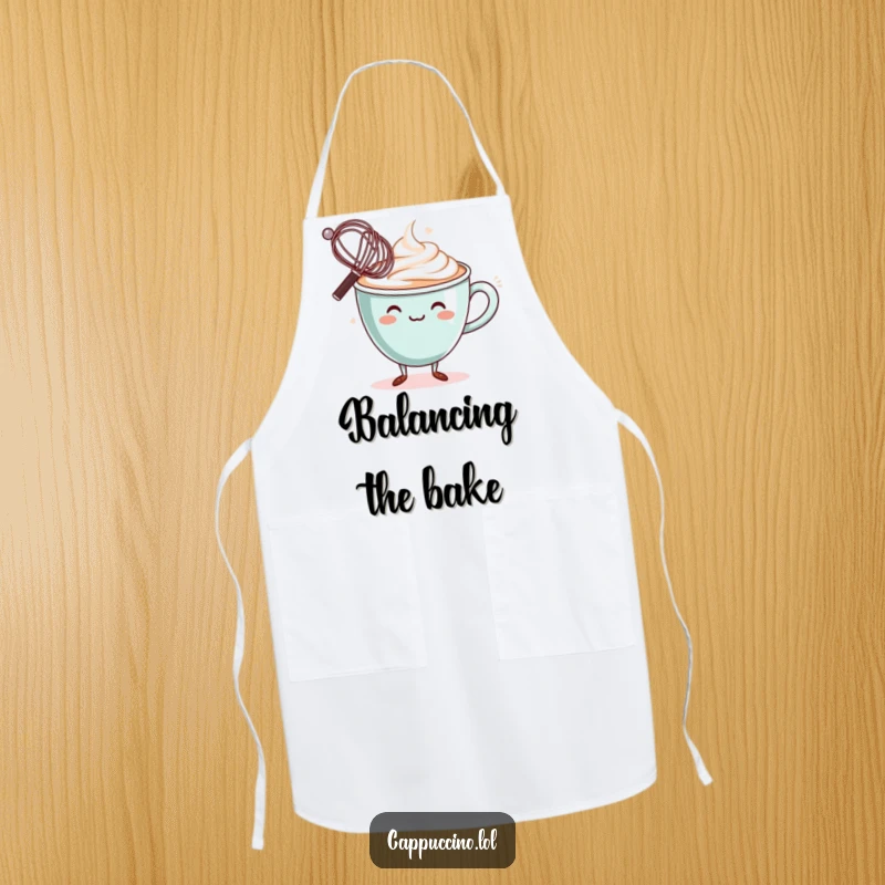 Funny Apron: Wobbly cappuccino cup character, balancing a miniature whisk on its rim, ready for kitchen finesse.
