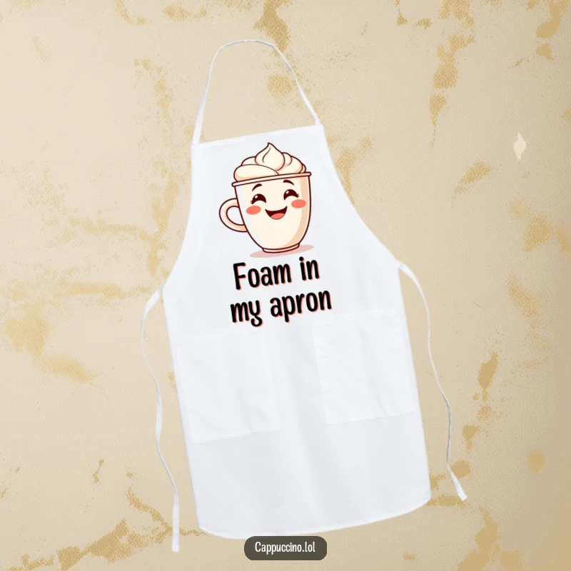 Funny apron showcasing a grinning cappuccino cup character with a foam swirl cheering, ideal for a humorous and coffee-themed cooking experience.