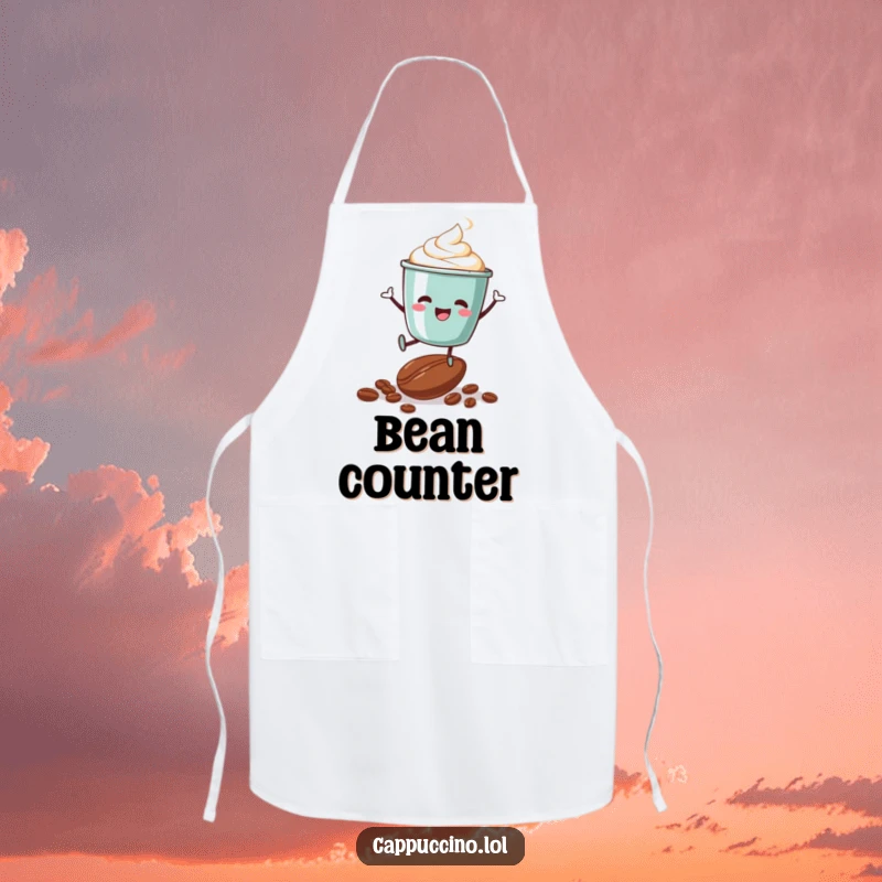 Funny chef apron with a happy cappuccino cup character mid-leap over coffee beans, bringing energy to the kitchen.