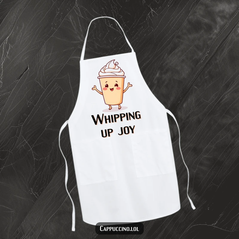 Funny Apron depicting a cheerful cappuccino cup character doing a happy dance, adding a playful touch to cooking.