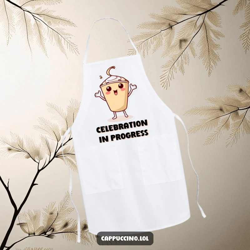 Funny apron with a cheerful cappuccino cup character energetically doing a celebratory jig with its arms, perfect for kitchen fun.