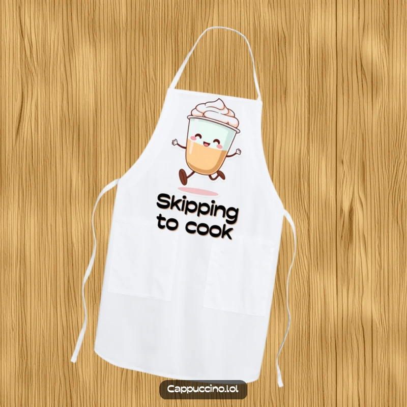 Funny apron featuring a cheerful cappuccino cup character with legs doing a silly little skip, perfect for kitchen fun.