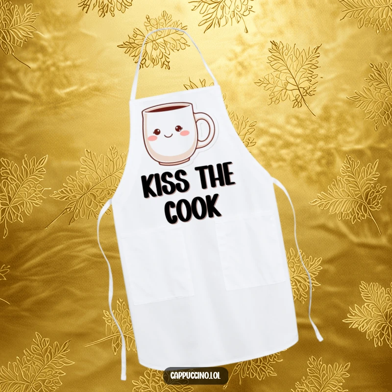Funny Cheeky Grin Apron with a blushing ceramic mug character and a mischievous grin, perfect for a cheerful and mess-free kitchen.