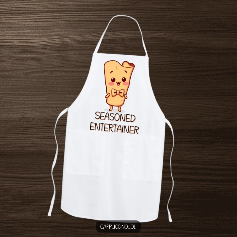 Funny Apron featuring a silly cinnamon stick character in a bowtie, wiggling with playful energy, perfect for cooking.