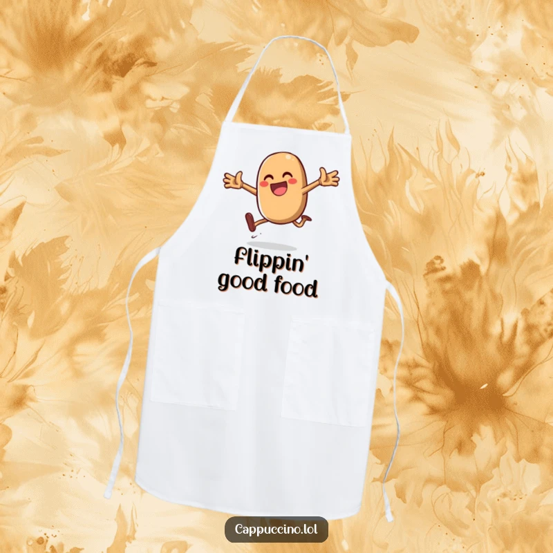 Funny Daring Jump Bean Apron with a gleeful coffee bean character performing an energetic jump, perfect for a cheerful and mess-free kitchen.