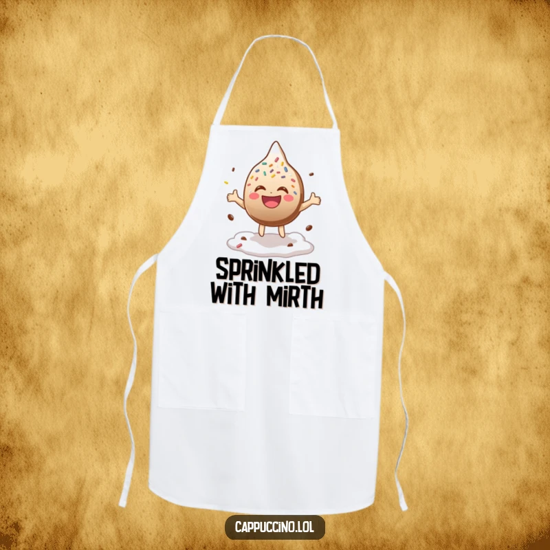 Funny Apron with a laughing chocolate sprinkle character energetically bouncing on coffee foam, adding humor to cooking.