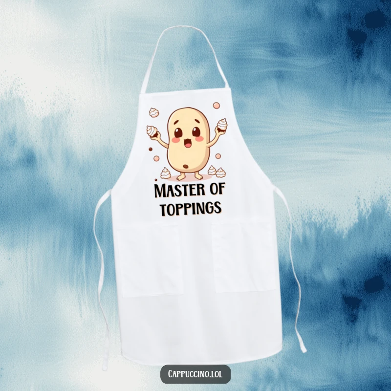 Funny Apron depicting a surprised coffee bean character juggling small amounts of whipped cream, adding a playful touch to cooking.