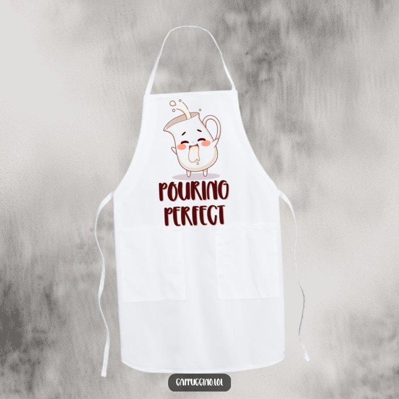 Funny milk pitcher apron, mischievous character pouring giggles, kitchen humor, perfect humorous cooking gift.