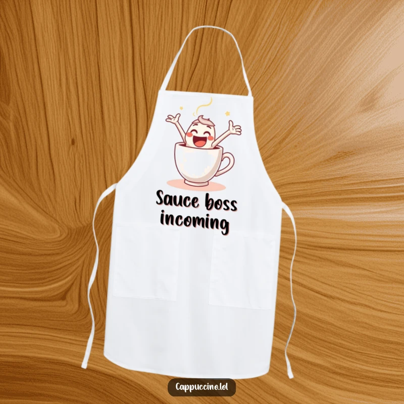 Funny Apron depicting a joyful espresso shot character taking a mighty leap into a steaming coffee cup, ready for kitchen fun.