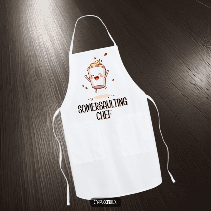 Funny Apron: Delighted cappuccino cup character performing a playful somersault, coffee powder flying, ready for kitchen flair.