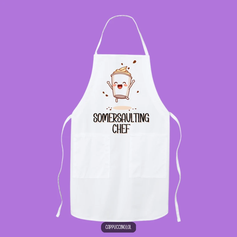 Funny Somersault Apron: Playful Cappuccino Cup Character Coffee Powder Kitchen Wear