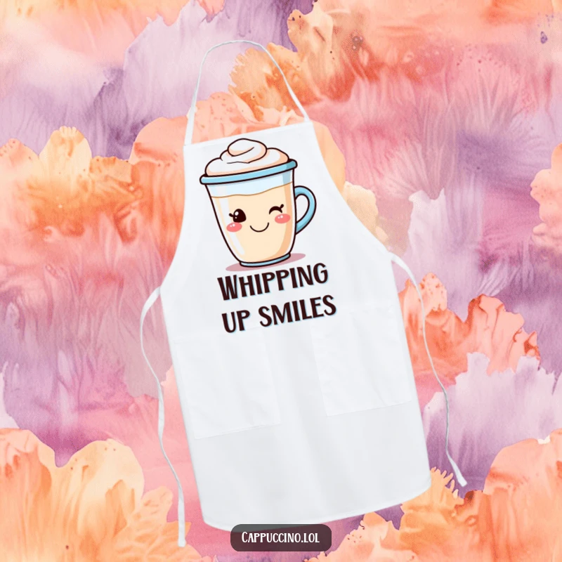 Funny cappuccino apron with a smiling coffee cup character and frothy foam art, designed for kitchen fun and coffee lovers.