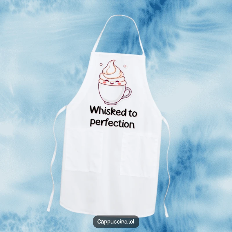 Funny Apron depicting a cheerful milk froth character happily swirling in a coffee cup, adding humor to kitchen tasks.