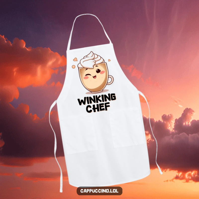 Funny apron featuring a smiling cappuccino art swirl character winking playfully, perfect for adding flair to the kitchen.