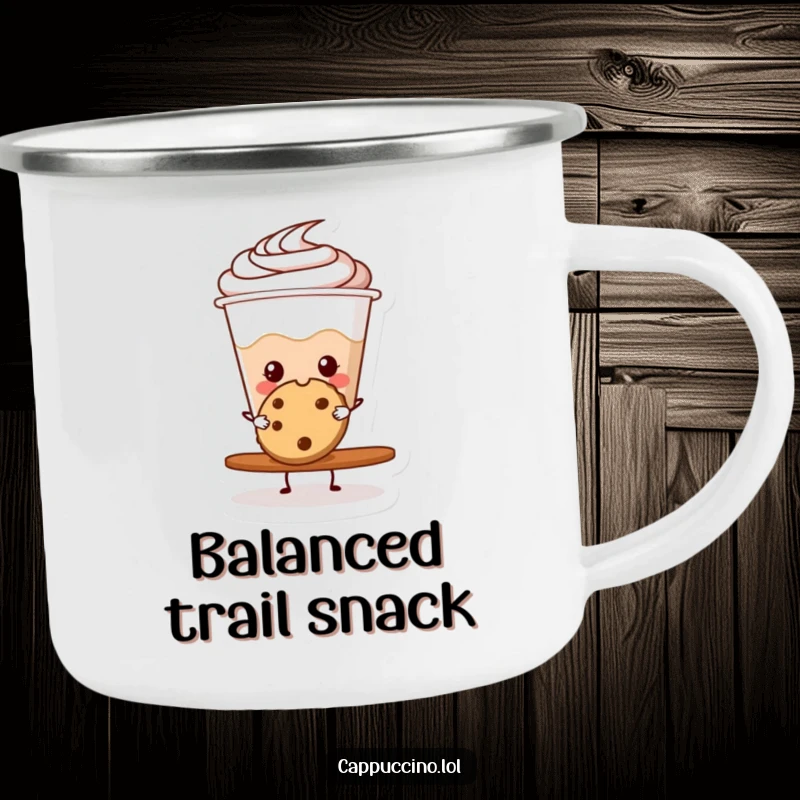 Funny cappuccino cup character balancing a cookie on a durable camping mug for outdoor fun.
