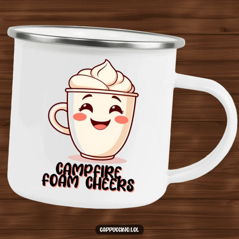 Funny camping mug showing a grinning cappuccino cup character with a foam swirl cheering, perfect for outdoor coffee breaks.