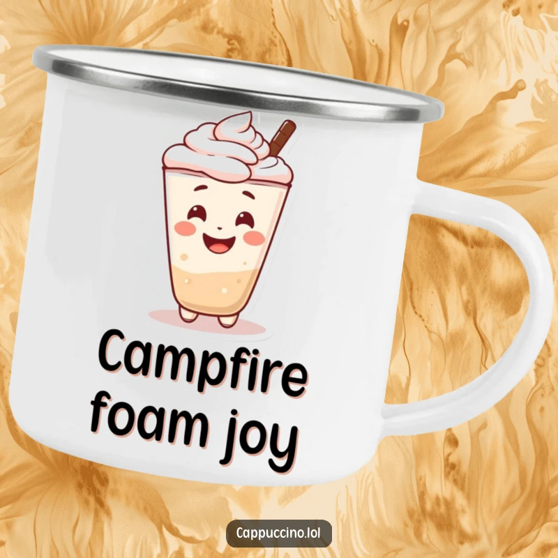 Funny enamel camping mug with a cheerful cappuccino foam character smiling. For happy campers.
