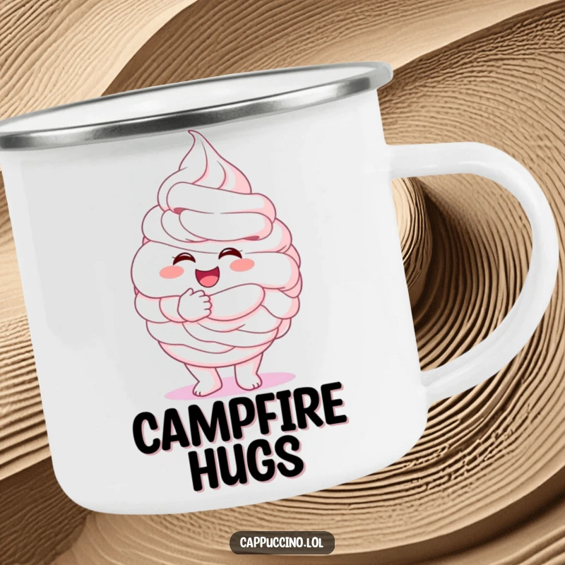 Funny whipped cream camping mug, excited character giving a giant fluffy hug, durable outdoor cup, great for sweet humor.