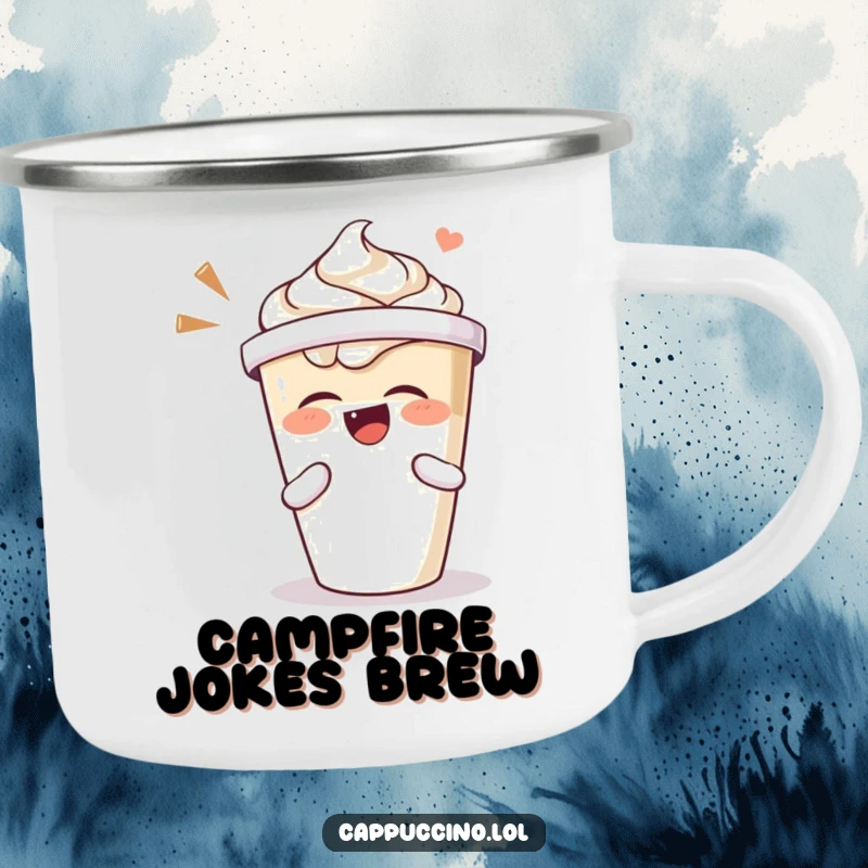 Funny camping mug with a laughing cappuccino cup character whose lid is shaking with joy and energy.