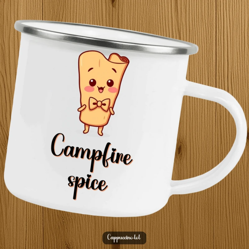 Funny Camping Mug featuring a silly cinnamon stick character in a bowtie, wiggling, perfect for outdoor drinks.