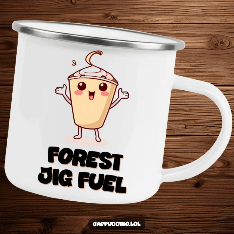 Funny camping mug with a happy cappuccino cup character doing a lively jig with its arms, ideal for outdoor enthusiasts.