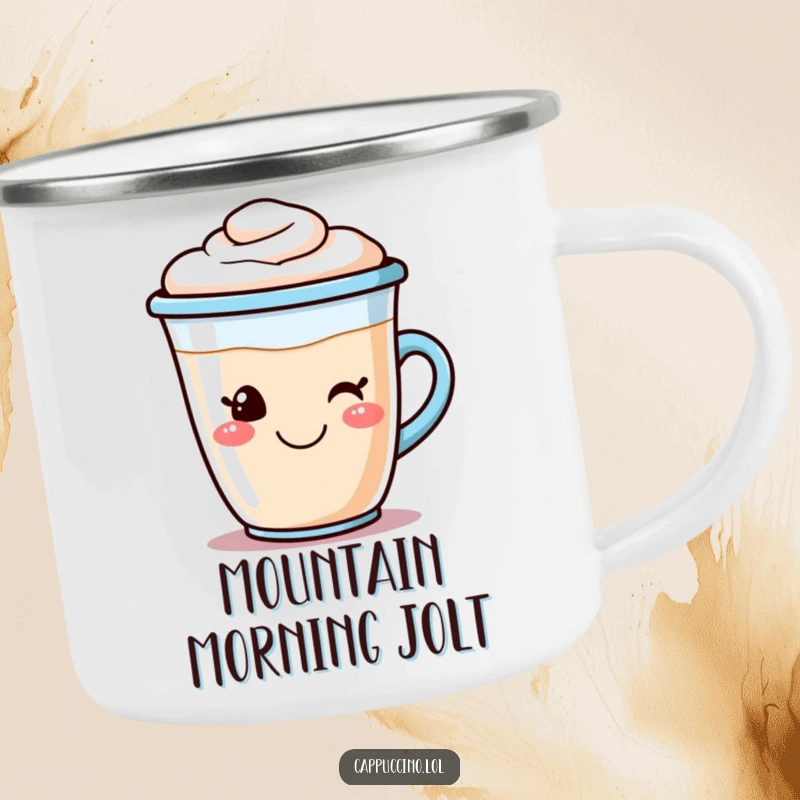 Funny cappuccino camping mug with a smiling coffee cup character and frothy foam art, ideal for outdoor coffee enjoyment.