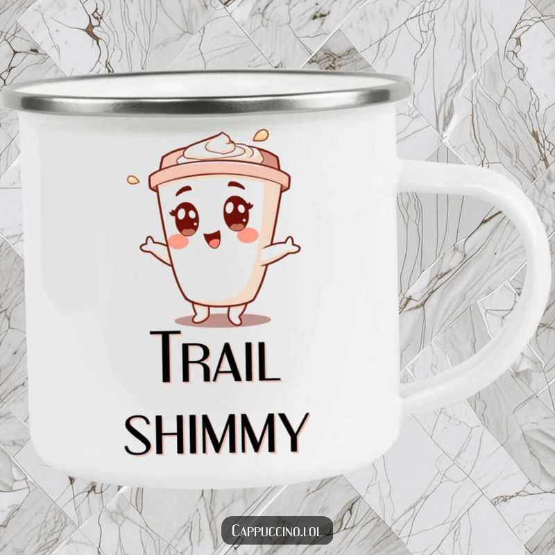 Funny enamel camping mug with a joyful cappuccino cup character doing a celebratory shimmy, perfect for outdoor fun.
