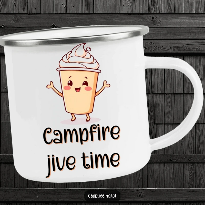 Funny Camping Mug featuring a happy cappuccino cup character doing a lively dance, perfect for enjoying drinks outdoors.