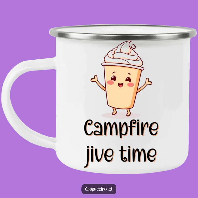 Funny Cappuccino Dance Camping Mug: Cheery Coffee Cup Character - Outdoor Gift