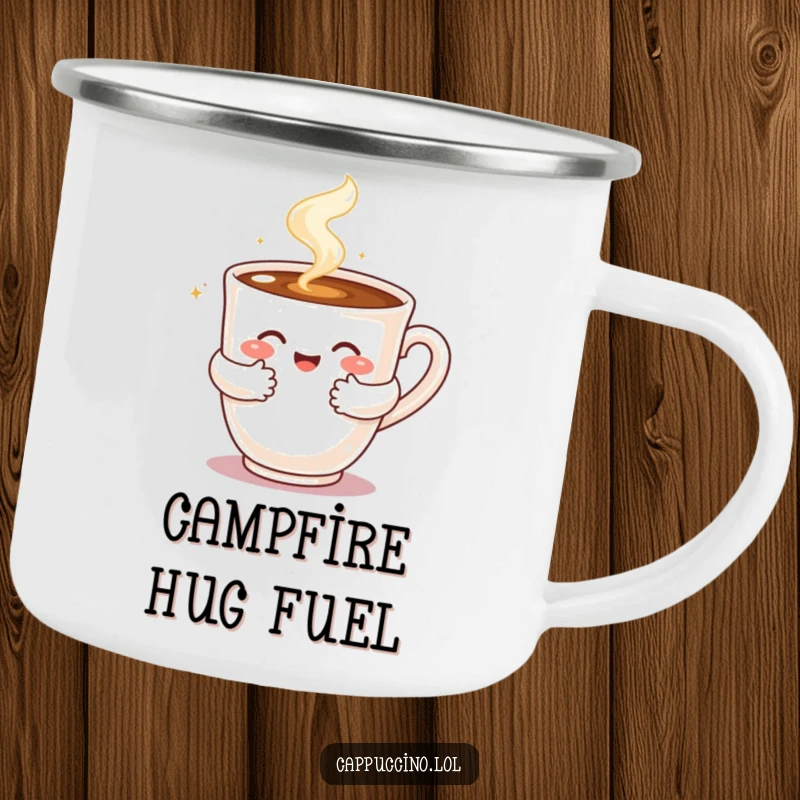 Funny camping mug with a steaming cappuccino cup character giving a warm, bubbly hug, perfect for outdoor comfort.