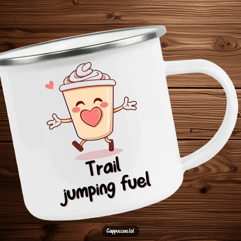 Funny Camping Mug: Cheerful cappuccino cup character with a foam heart, doing jumping jacks, ready for any outdoor adventure.