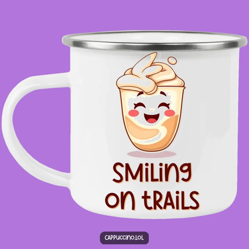 Funny Cappuccino Swirl Camping Mug: Laughing Face, Outdoor Humor Gift