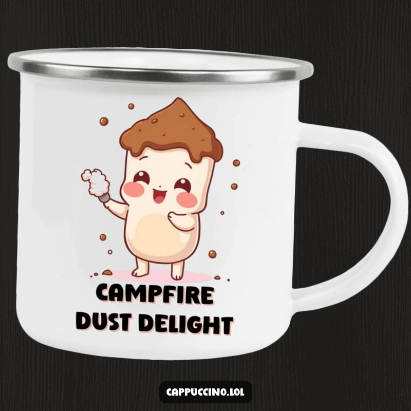 Funny Cheerful Cocoa Camping Mug with a playful cocoa powder character dusting itself, perfect for outdoor enjoyment and a sweet spirit.