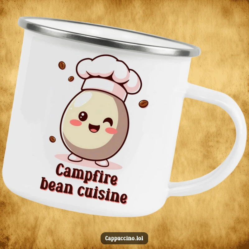 Funny coffee bean character in a chef hat on a durable camping mug for outdoor cooking fun.