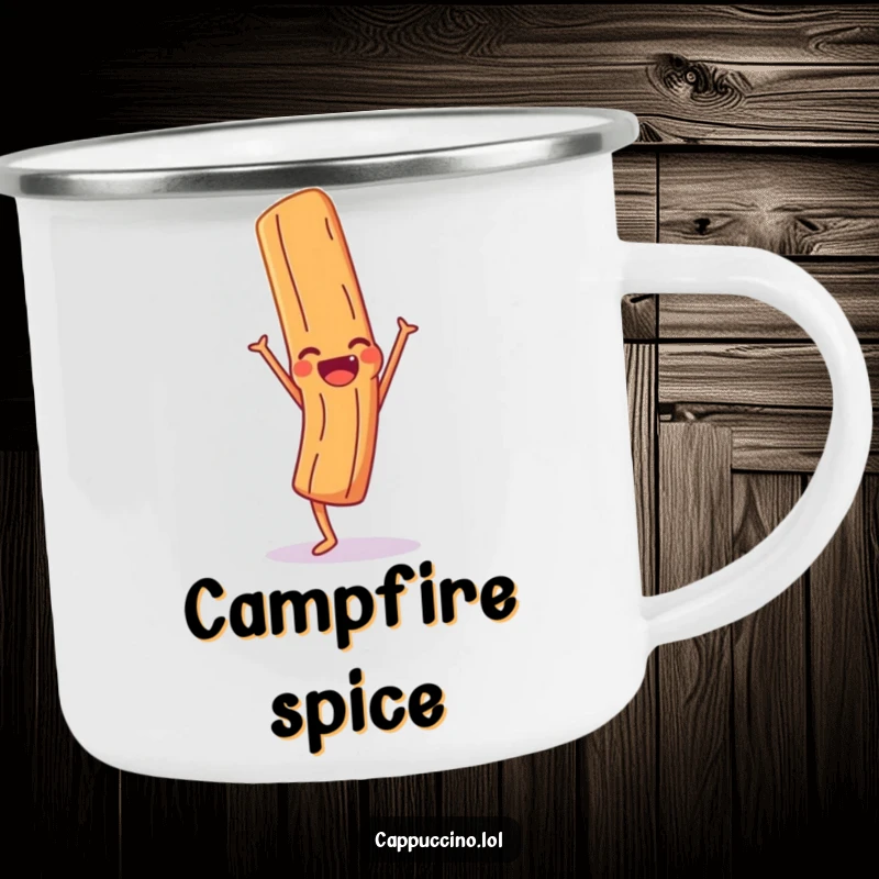 Funny Camping Mug showing a giggling cinnamon stick character in a handstand, perfect for outdoor fun and humor.