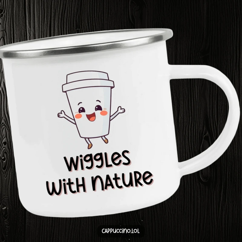 Funny Coffee Cup Shimmy Camping Mug with a delighted character dancing, perfect for outdoor enjoyment and a cheerful spirit.