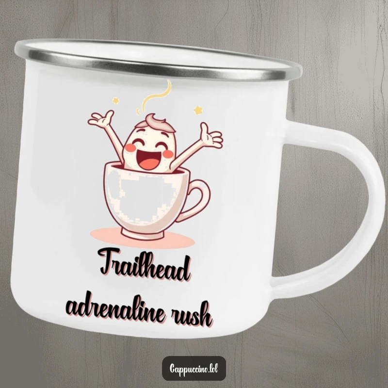 Funny Camping Mug showcasing a gleeful espresso shot character leaping into a steaming cup, ideal for enjoying drinks outdoors.