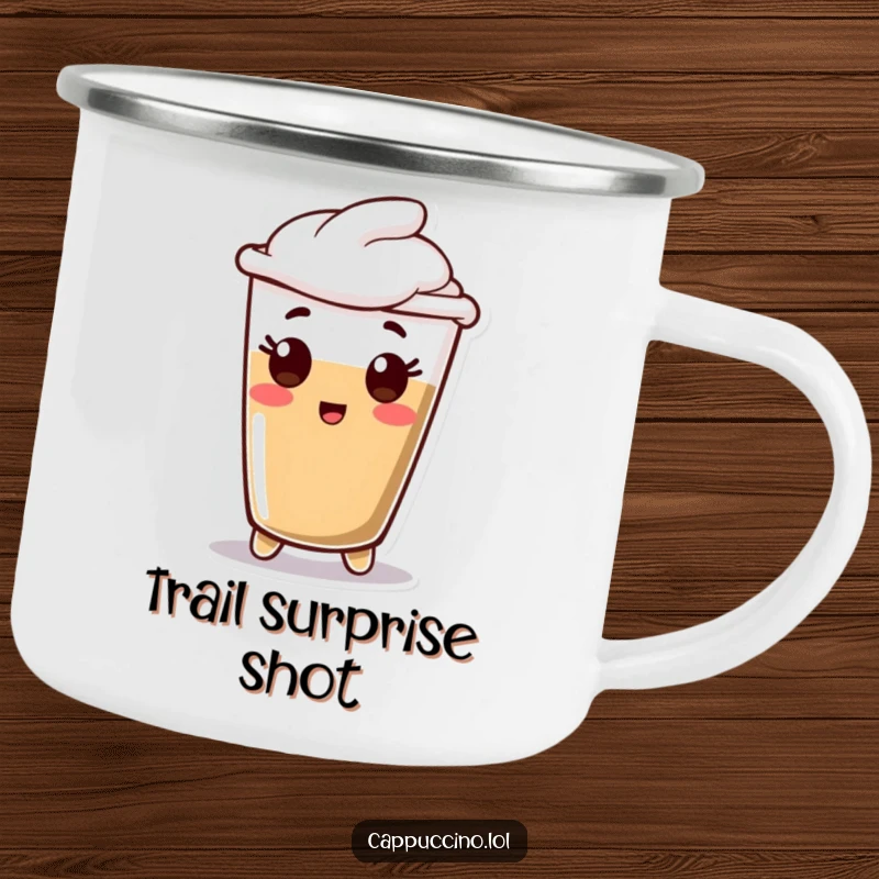 Funny Camping Mug showing a happy espresso shot character with a surprised face, designed for rugged fun and laughter.