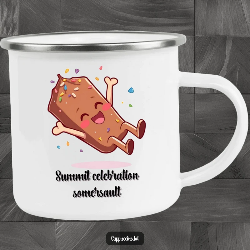 Funny Camping Mug featuring a giggling chocolate sprinkle character doing a somersault, perfect for enjoying drinks outdoors.