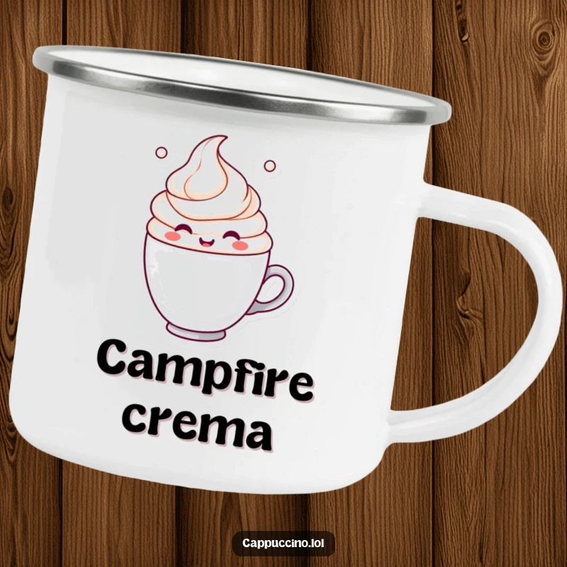 Funny Camping Mug featuring a cheerful milk froth character swirling contentedly, designed for outdoor enjoyment and humor.